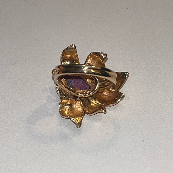 ANTIQUE 14K YELLOW GOLD MASSIVE RING "FLOWER" with "RED STAR"-RUBY, ART NOUVEAU - Picture 9 of 12